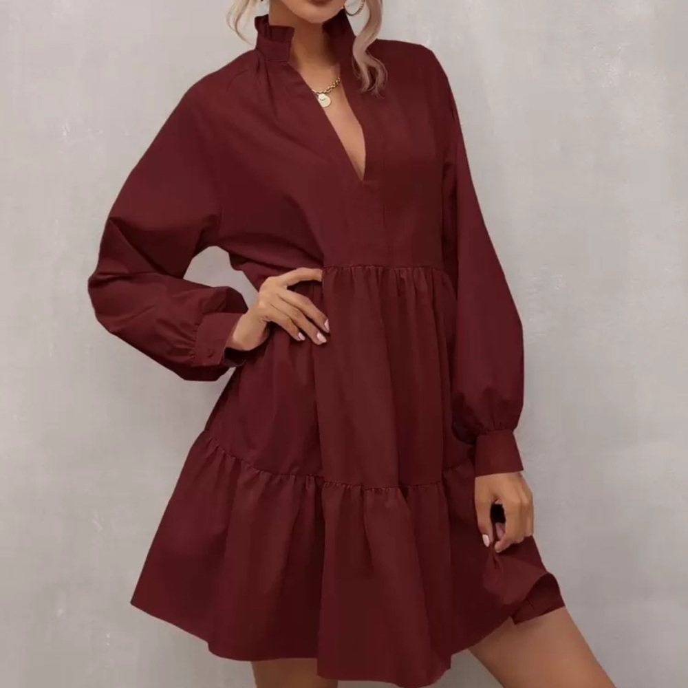 Neck Smock Burgundy Long Sleeve Dress